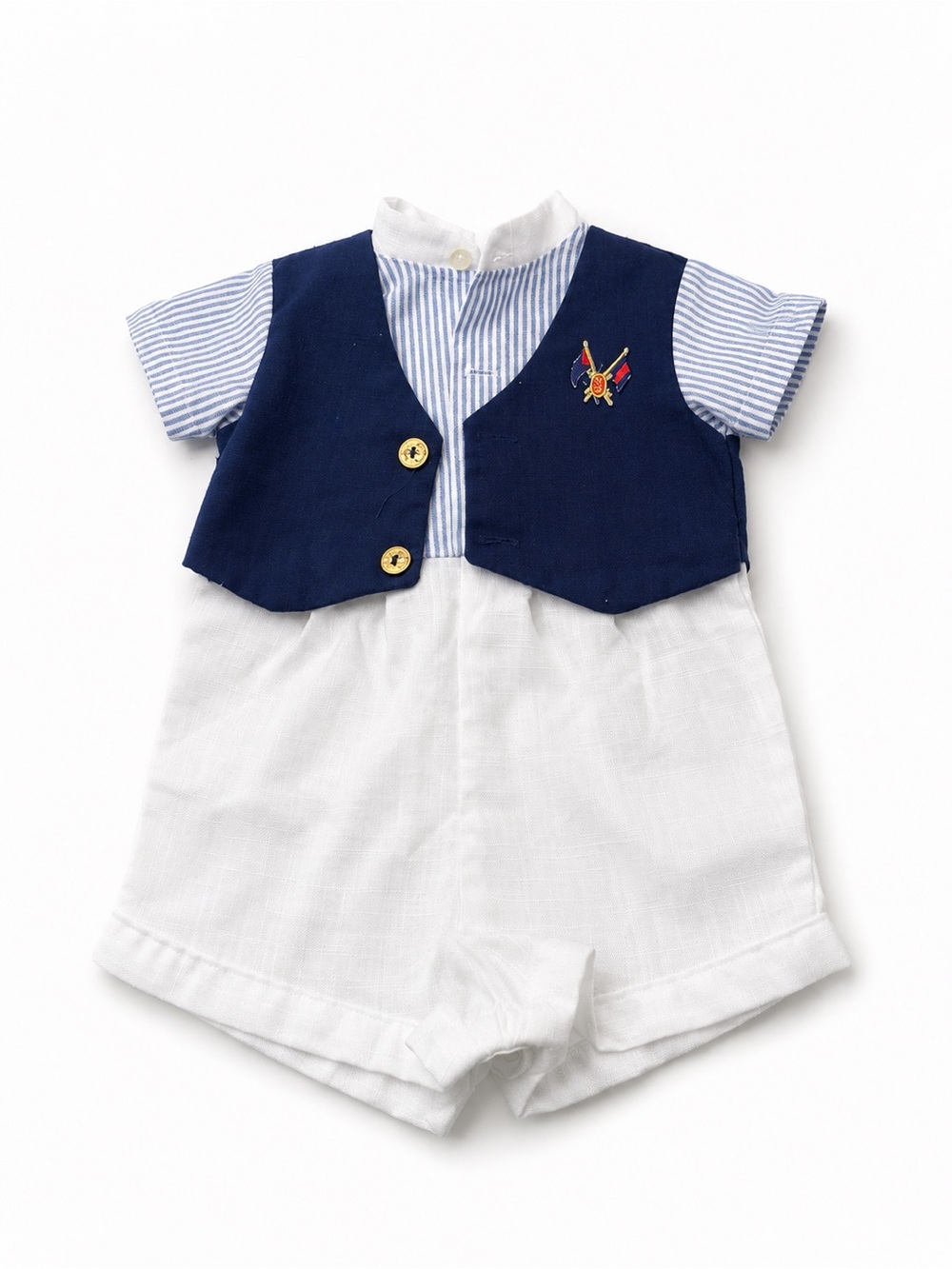 Vintage Classic Navy & White Infant One-Piece with Vest Accent